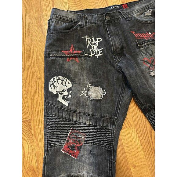 Makobi Men's Black Jeans 38 x 32 96281 Trap or Die - Picture 10 of 11